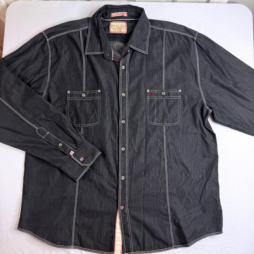 Vintage Italia Mens 2XL Dark Denim Contrast Stitch Long Sleeve Button Down Shirt